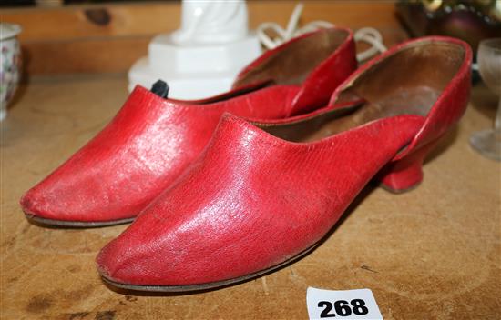 Pair of Mid Victorian red leather ladies shoes